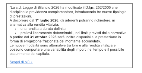 Legge di Bilancio 2026: nuove prestazioni di previdenza complementare - leggi il documento - PDF